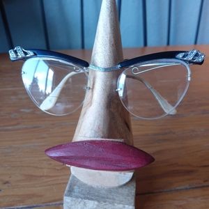 Vintage 1950s Cat's Eye Rhinestone Etched Frame - Black & Silver